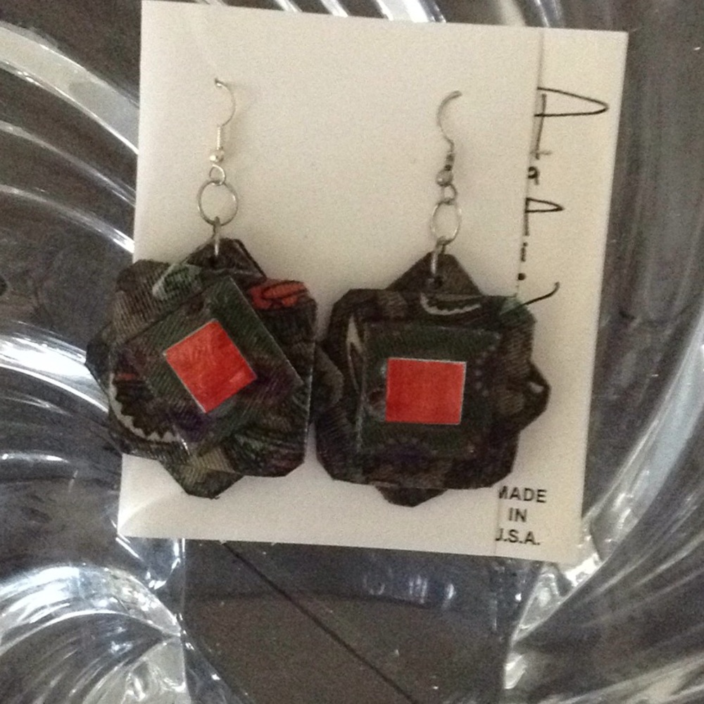 Paisley Fabric Olive RedPurple handmade earrings